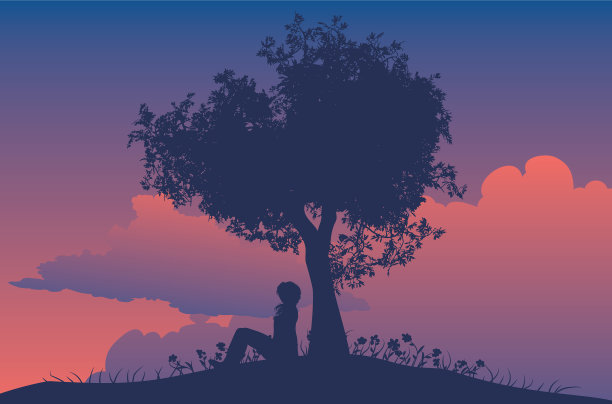 女孩坐在树下剪影在日落图片下载