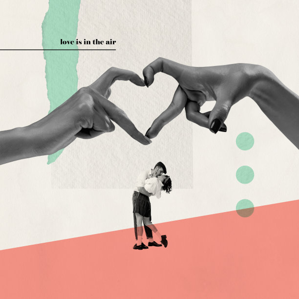 当代艺术拼贴。美丽的，相爱的夫妇拥抱和亲吻下的手做心形。空气中弥漫着爱的气息图片下载
