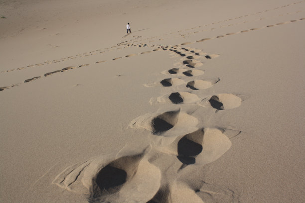我在蒙古戈壁沙漠红戈尔沙丘上的脚印。图片下载