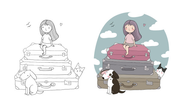 快乐的旅行可爱的卡通女孩狗猫和图片下载
