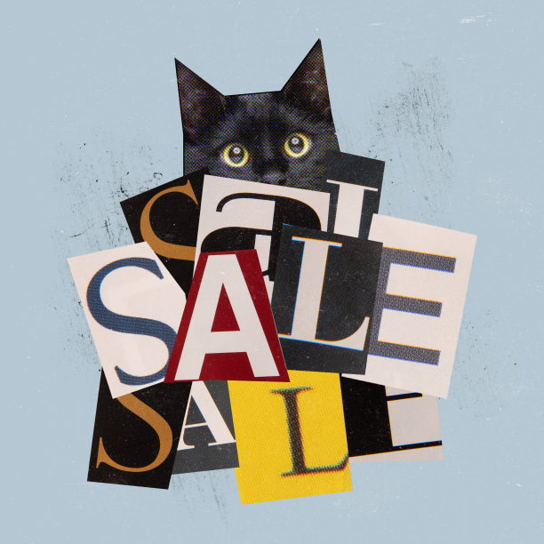 当代艺术拼贴。创意设计。猫的口鼻和蓝色背景上的大销售字母图片下载