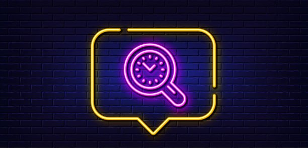 时间管理线图标。时钟信号。工作分析。霓虹灯说话泡泡。向量图片下载