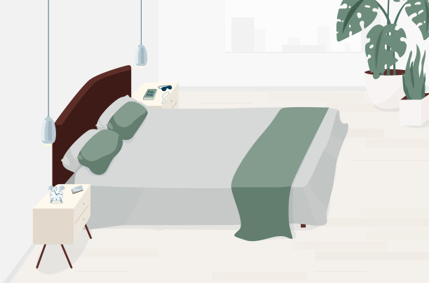 卧室室内设计矢量插画在简约的现代平面风格。明亮的斯堪的纳维亚式房间有大床，床头柜，灯，植物图片下载