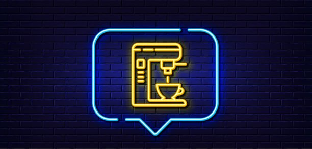 咖啡机线图标。自动售货机的信号。泡茶。霓虹灯说话泡泡。向量图片下载