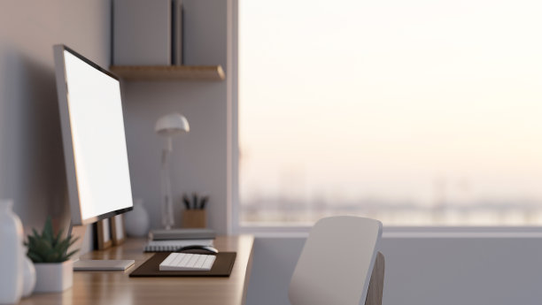 现代家庭办公工作站在后视图与pc台式电脑，键盘和附件图片下载