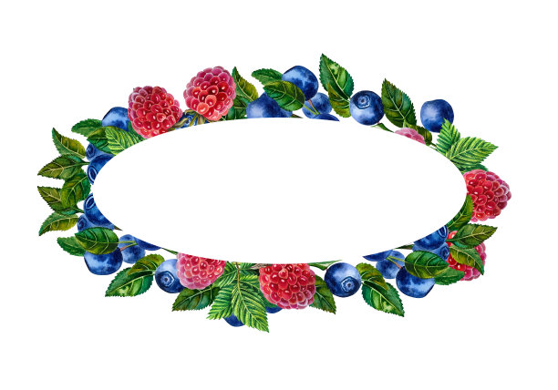 浆果椭圆形框架草莓，覆盆子和蓝莓。水彩。包装,标签。铭文。图片下载