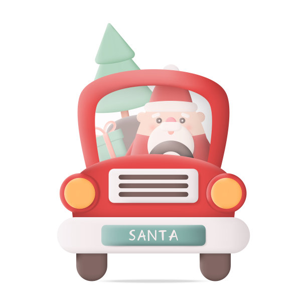 卡通圣诞车，有圣诞老人和圣诞树。前视图。白色背景上的3D图标矢量插图图片下载