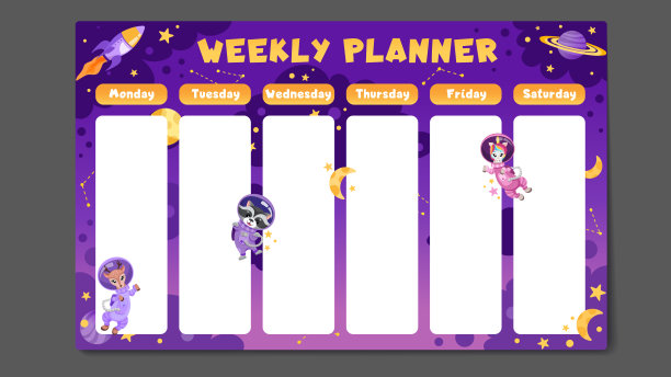 每周计划，回到学校的时间表模板与可爱的太空动物宇航员，行星，宇宙飞船，月球和恒星。儿童课程表设计模板。矢量儿童平面插图图片下载