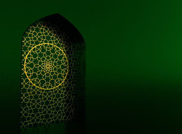 绿色墙壁上带伊斯兰门扉的金色阿拉伯装饰图片下载