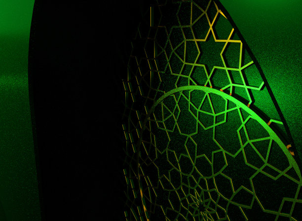 绿色墙壁上带伊斯兰门扉的金色阿拉伯装饰图片下载