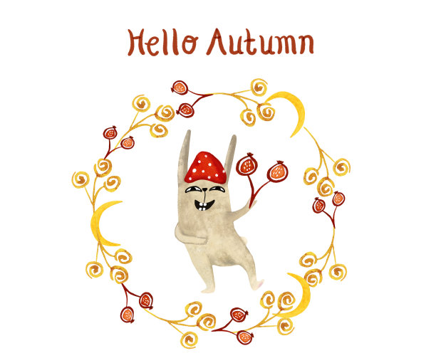 水彩可爱的明信片，插图，人物野兔，兔子，兔子在一个圆圆的秋天的框架，收获，南瓜，新月，舒适的秋天，秋天的氛围，秋天的森林，抽象的树枝。图片下载