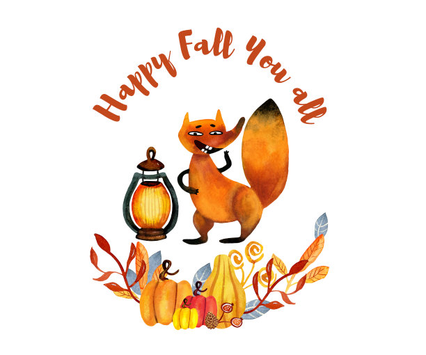 水彩秋天插画，半圆形的花环明信片，秋天的树枝，树叶，南瓜，球果，欢快的狐狸，秋天，灯笼，字母秋天快乐你们所有人。图片下载