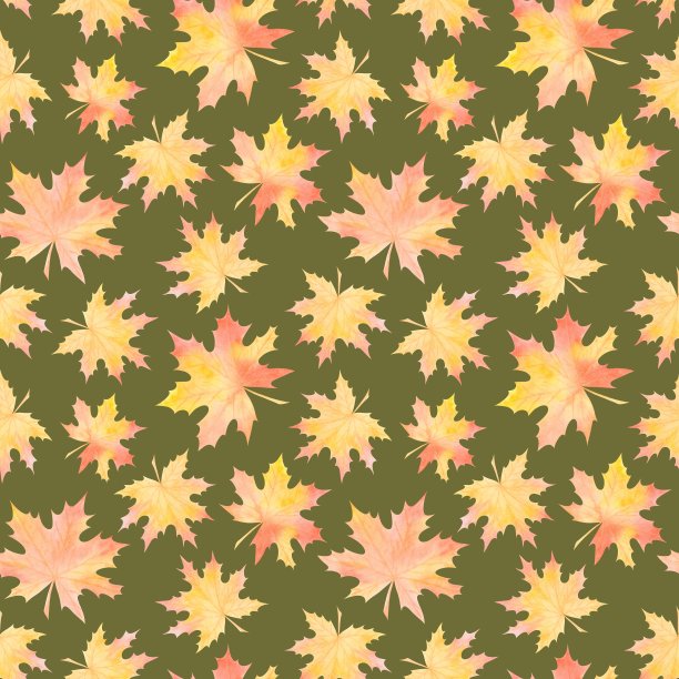 橄榄色无缝图案与水彩泛黄的枫叶图片下载
