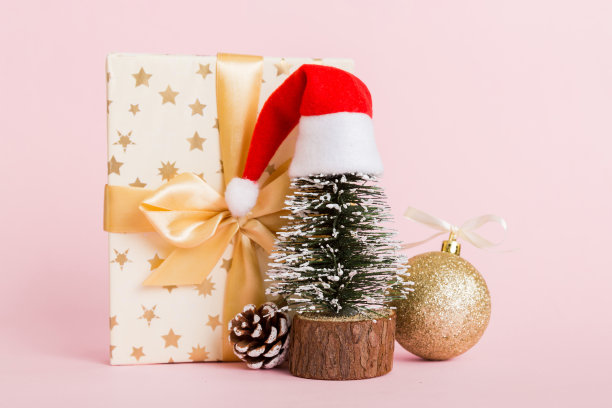 圣诞组成。手工礼盒，小树木，树枝和手工DIY装饰在白色背景。新年的概念。平铺，俯视图，复制空间图片下载