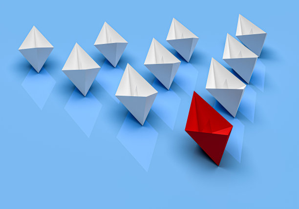 领导能力和商业理念。一艘红色领队船带领其他白色领队船前进图片下载