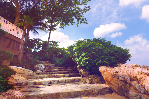 石头楼梯，热带自然，户外走道和庭院的热带别墅住宅。图片下载