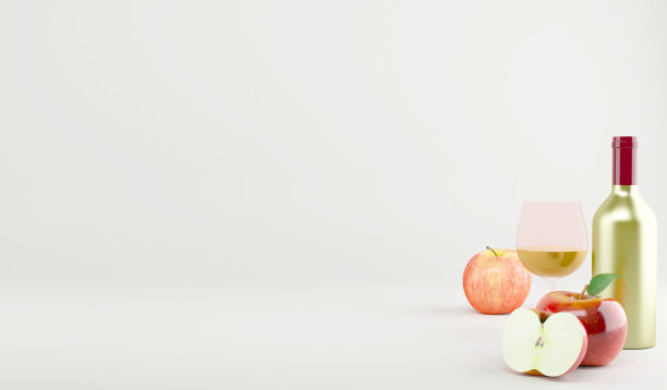 3D渲染苹果酒瓶和玻璃为复制空间在白色背景，3D插图葡萄酒概念图片下载