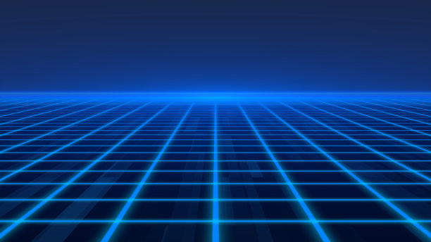 蓝色像素化动画发光激光背景，抽象技术水平线紫光辉光，银河几何互联网80年代风格海报图片下载