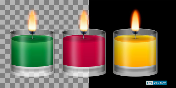一套逼真的火焰蜡烛效果或燃烧蜡烛光与发光的火焰。每股收益向量图片下载