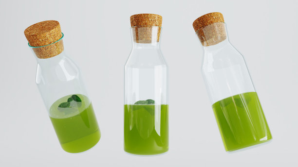 逼真的透明玻璃瓶，小瓶与软木塞隔离在白色背景，薄荷叶图片下载