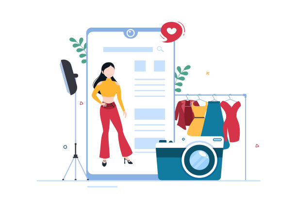 模型组合模板手绘卡通平面插画与造型机构经理和摄影师拍照的模型在平台设计图片下载