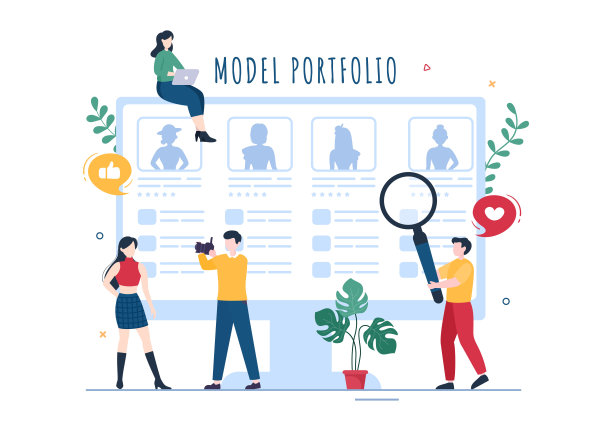 模型组合模板手绘卡通平面插画与造型机构经理和摄影师拍照的模型在平台设计图片下载