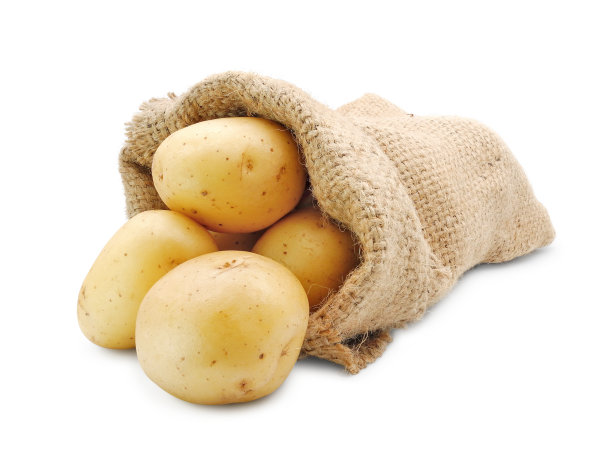 新鲜土豆在粗麻袋隔离在白色图片下载