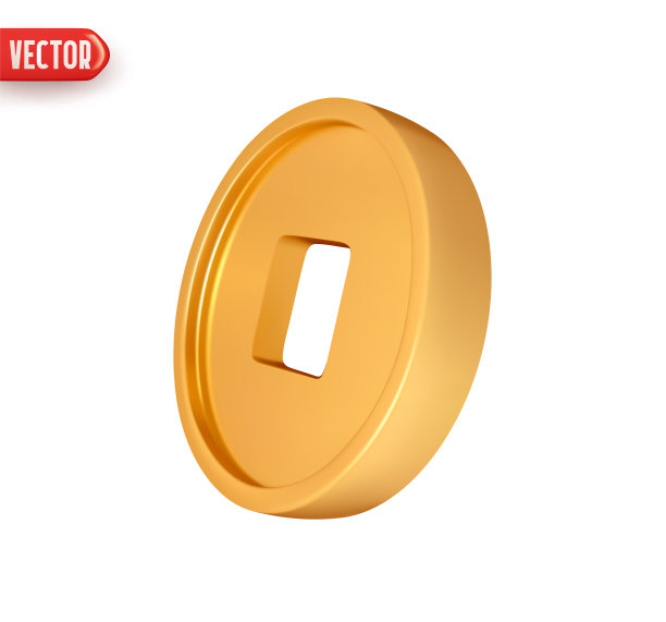 中国古代古金币，有方孔。逼真的3d设计元素。图标隔离在白色背景上。矢量图图片下载