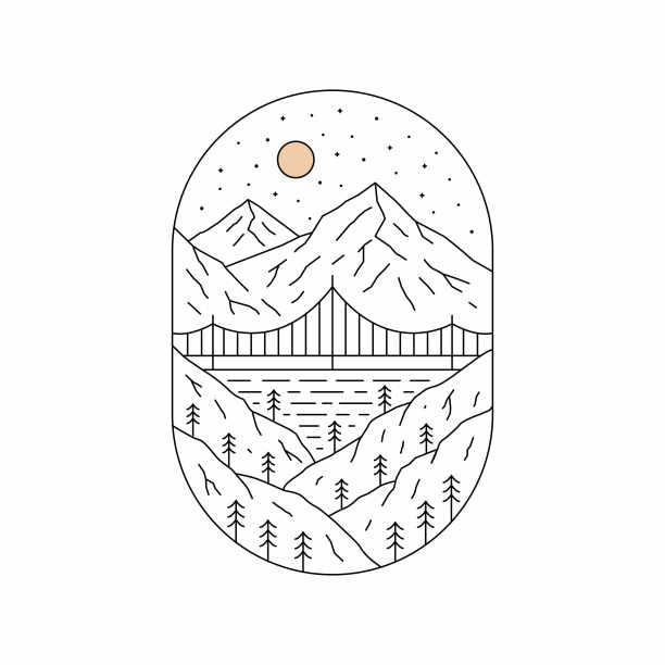 单线轮廓插图的观点，一座桥，一条河和山的背景图片下载