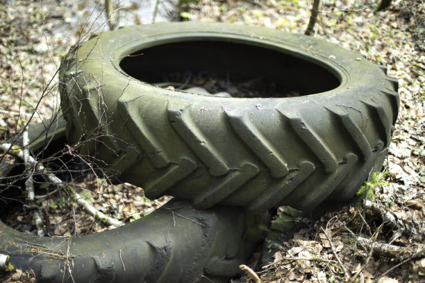 在树林里扔轮胎。浪费在自然界中。轮子的卡车。图片下载