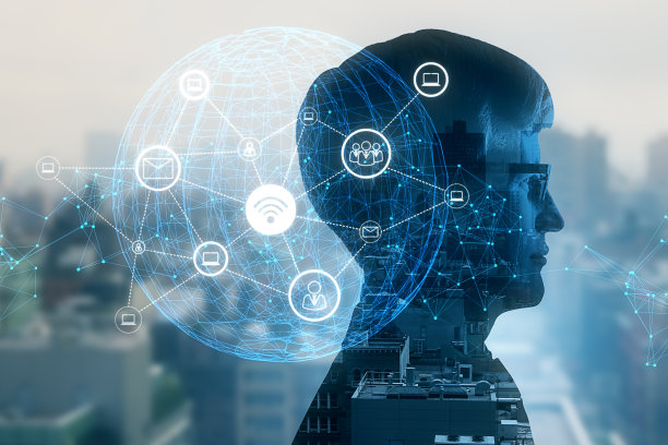 侧面肖像的年轻人头部轮廓思考抽象的数字地球球与连接上模糊的城市背景。科技，智慧城市，连接和科技概念。双重曝光。图片下载