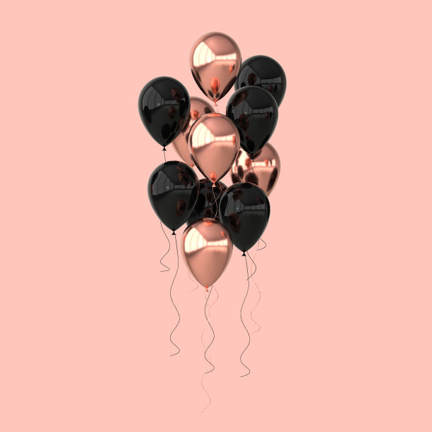 3d渲染插图的现实光泽玫瑰金色，黑色的气球孤立在粉红色的背景。派对设计用的气球图片下载