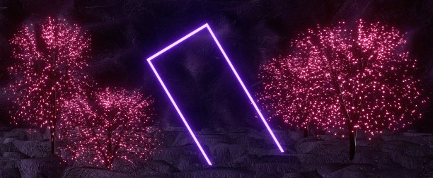 未来的发光树与紫色的框架背景图片下载