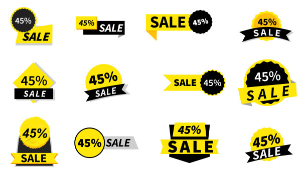 45%折扣标签，销售标签收集。特别优惠，大减价，折扣，最好的价格，大减价横幅集。商店或网上购物折扣贴纸。贴纸，徽章，优惠券，商店。图片下载