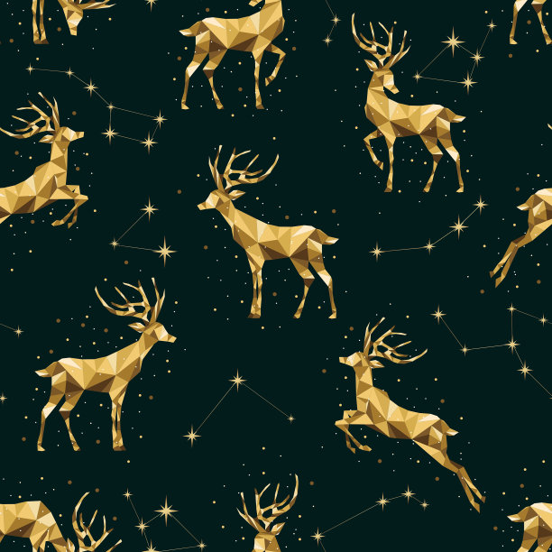 圣诞节黄金模式。无缝背景与鹿和星座。图片下载