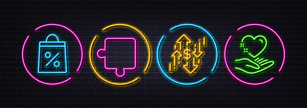 美元汇率，购物袋和拼图最小线图标。对于网页应用，打印。氖激光3d灯。向量图片下载