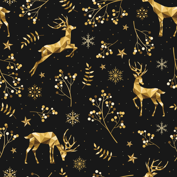 圣诞节黄金模式。无缝的背景与鹿，雪花，草药。图片下载