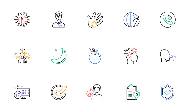 勾标记，共享经济和正念压力线图标。隐私政策。线性的图标集。向量图片下载