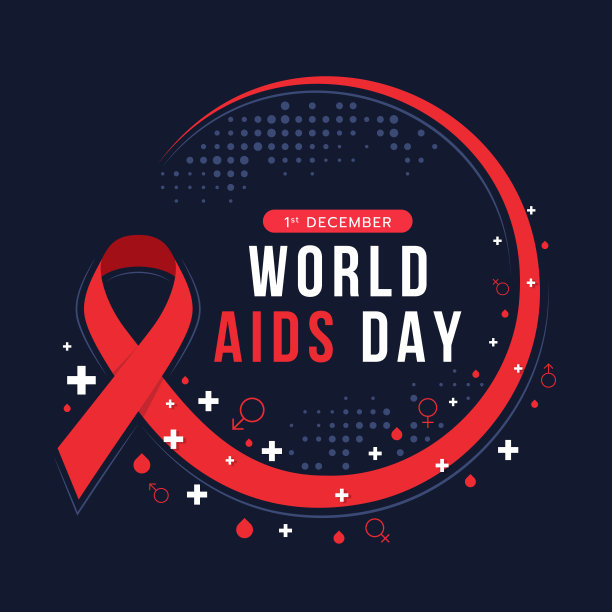 世界艾滋病日-红色丝带与圆圈形状和十字加标志，血标志和男女符号周围深蓝色背景矢量设计图片下载