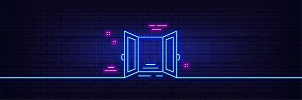 开门线图标。入口门的迹象。霓虹灯辉光效果。向量图片下载