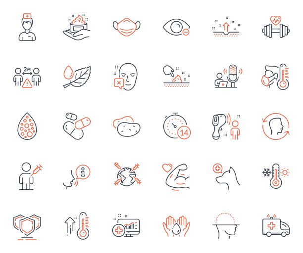 医疗保健的图标集。包括图标作为面部扫描，高温度计和叶露网元素。向量图片下载