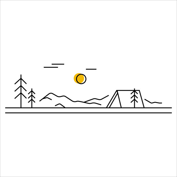 露营在坐骑线艺术概念。山峦帐篷松树景观。户外休息、徒步、活动运动。简单的形状。白色背景上的矢量插图图片下载
