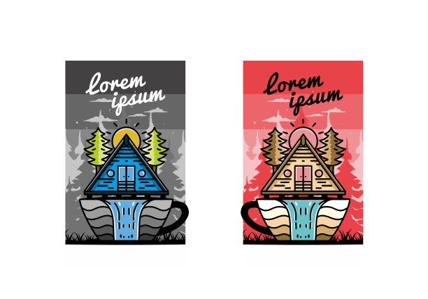 木木屋和松树上的咖啡杯形状图片下载