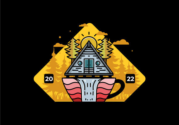 木木屋和松树上的咖啡杯形状图片下载