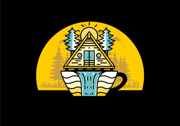 木木屋和松树上的咖啡杯形状图片下载