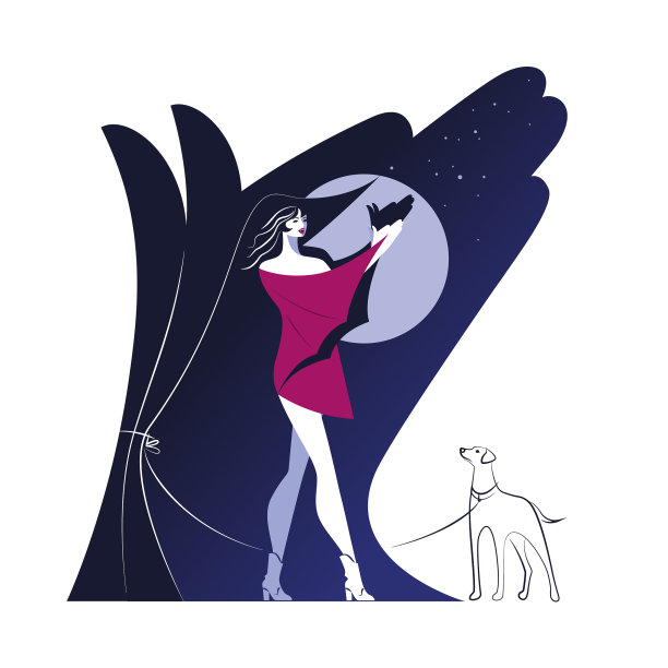 穿着红裙子的年轻吸血鬼女孩用她的手展示了一只狗的剪影图片下载