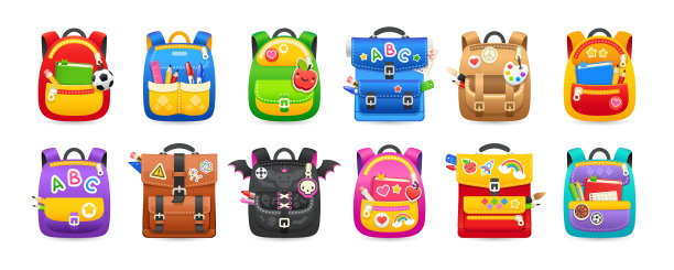 一套五颜六色的学校书包图片下载