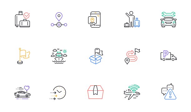 送货时间，飞机wifi和旅程线图标的网站，印刷。为设计。向量图片下载