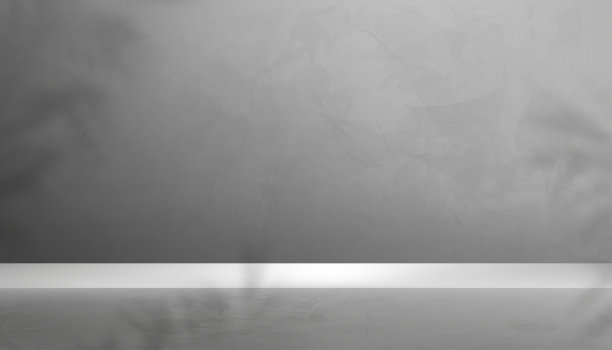 展示3D步骤的工作室房间与灰色的墙背景，平台模型灰色水泥纹理与棕榈叶阴影，灰色混凝土阁楼设计的矢量背景，用于产品展示的推广图片下载