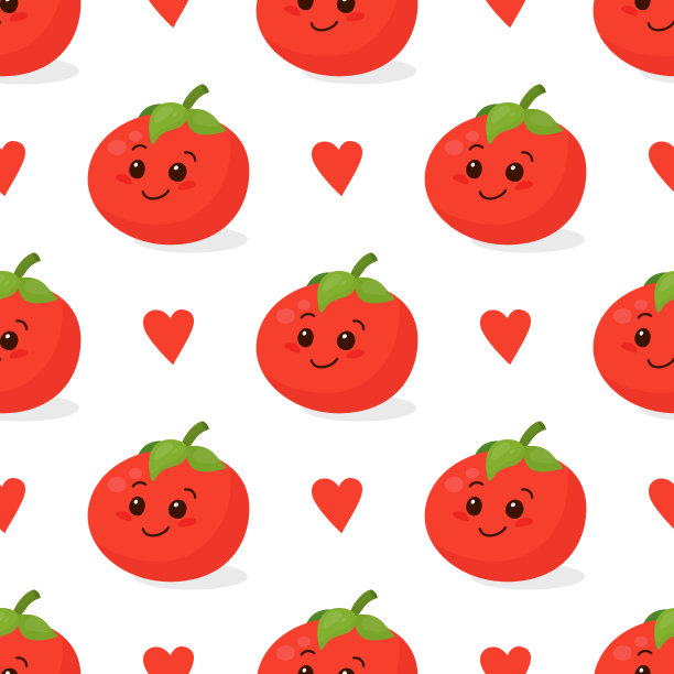 无缝图案与可爱的番茄孤立在白色。有趣的微笑的番茄。矢量无缝背景卡，服装，纺织印花。儿童设计，儿童，婴儿，素食主义者，素食主义者，食物概念图片下载